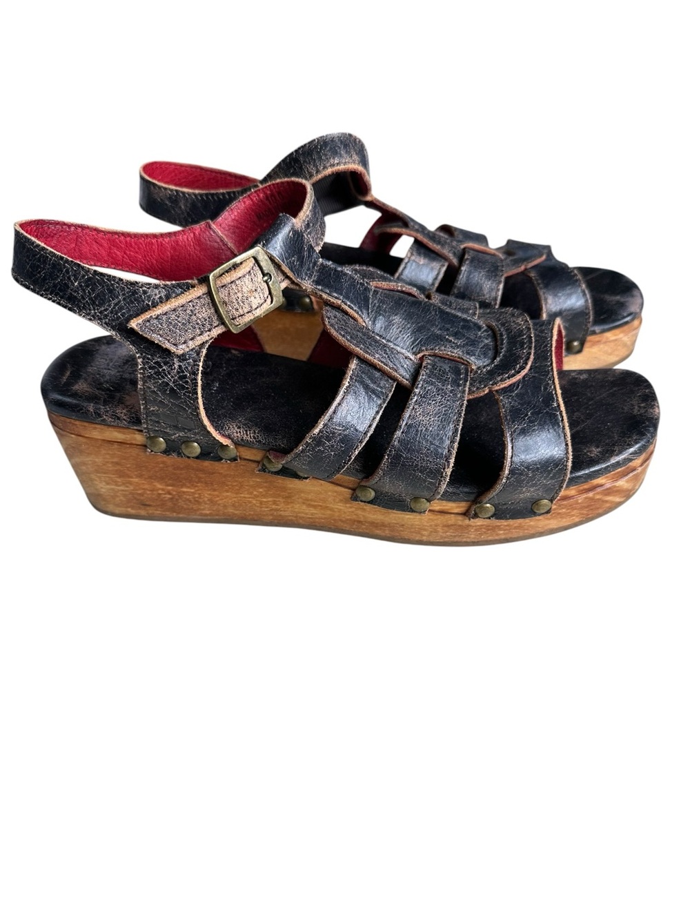 Bed Stu Platform Sandal - Fabiola. Black Distressed Leather. Size 10